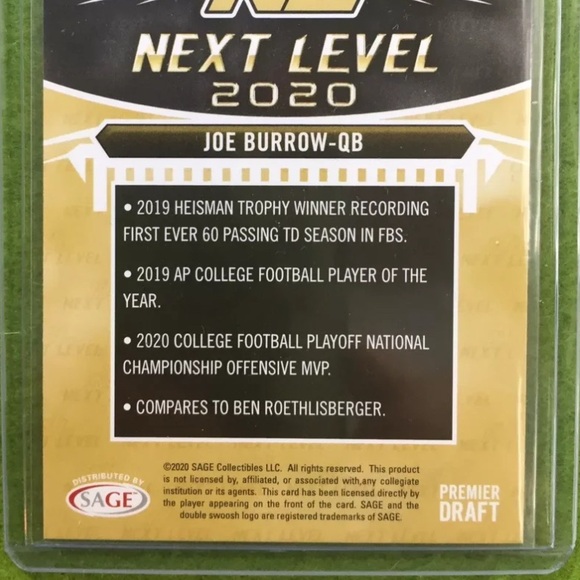 JOE BURROW ROOKIE CARD JERSEY #9 LSU RC 2020 Sage HIT Premier rare, no helmet ! - Picture 5 of 5